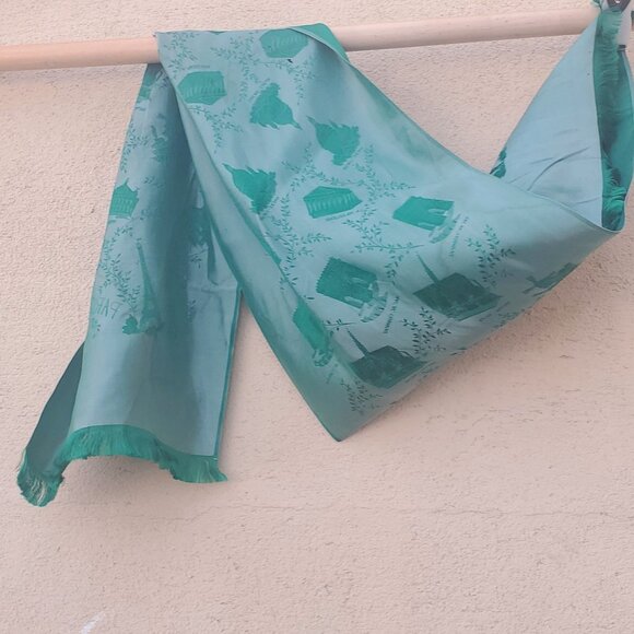 Distressed Antique Green Scarf Paris Souvenir With Landmarks & Moth Holes 47" - Picture 9 of 11